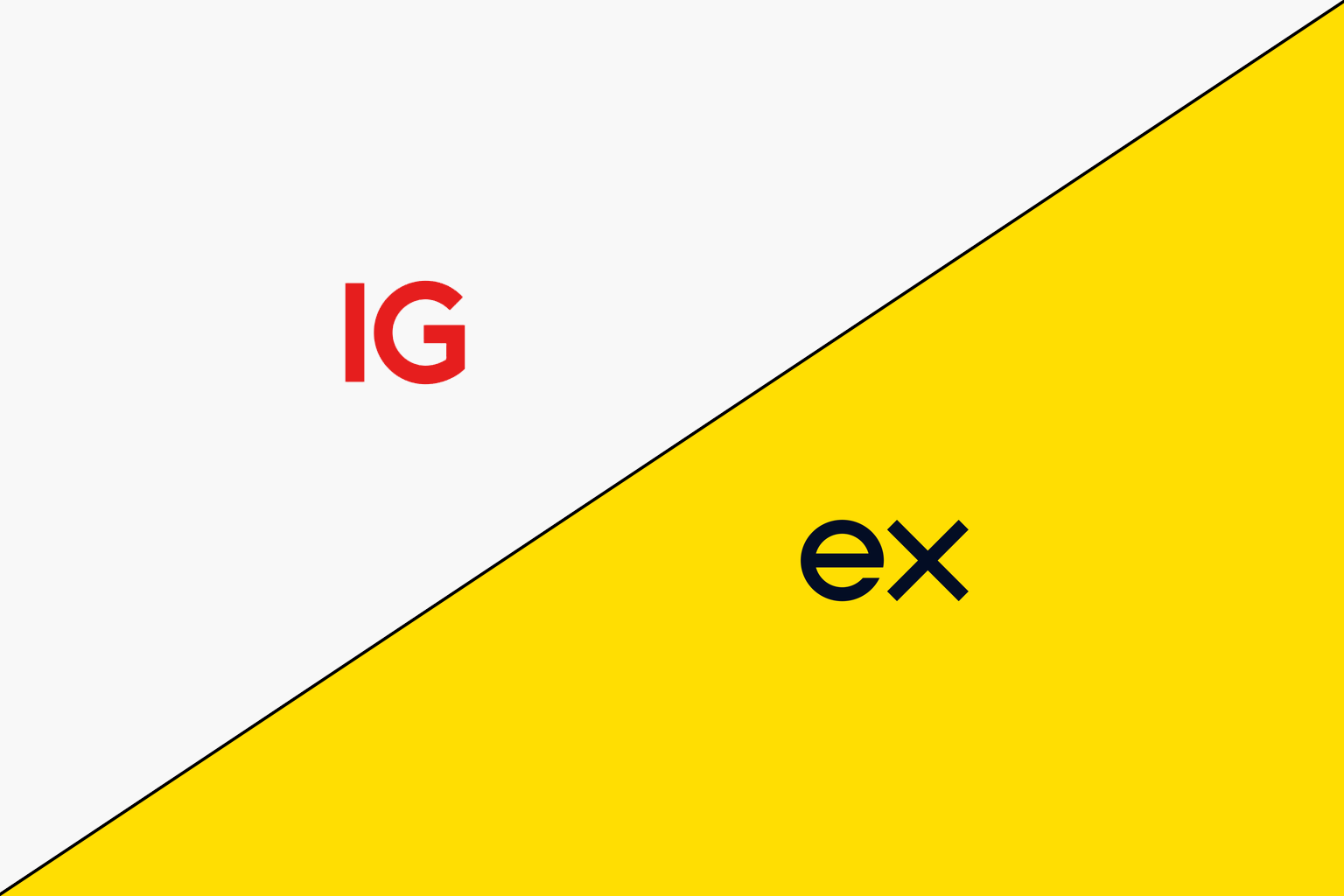 Logo comparison of IG Broker and Exness on a split background