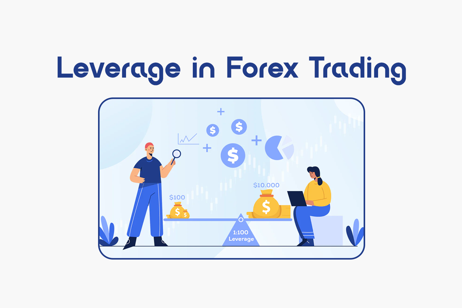 Illustration explaining leverage in forex trading with individuals and money bags.