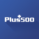 Logo of Plus500 on a blue background