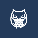 Stylized owl logo on a dark blue background
