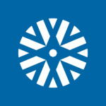 Stylized emblem in white on a blue background