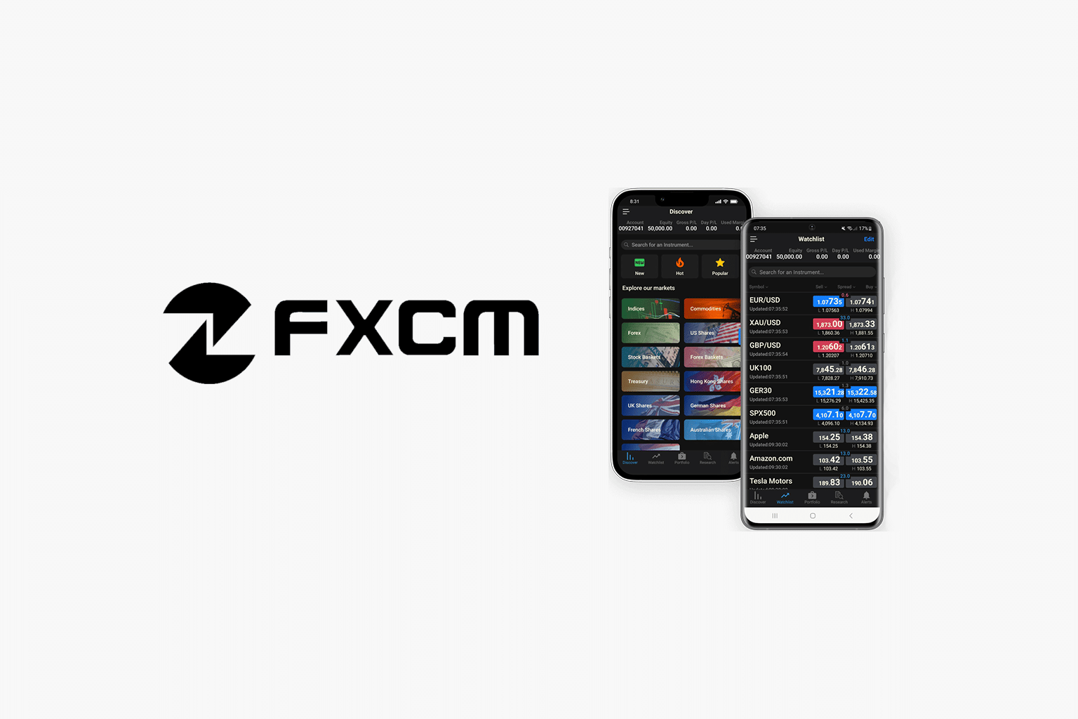 Two mobile devices displaying FXCM trading interface and logo.
