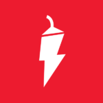 Minimalist white lightning bolt logo on red background