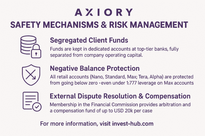 Infographic listing Axiory safety features: segregated client funds, negative balance protection, and external dispute compensation