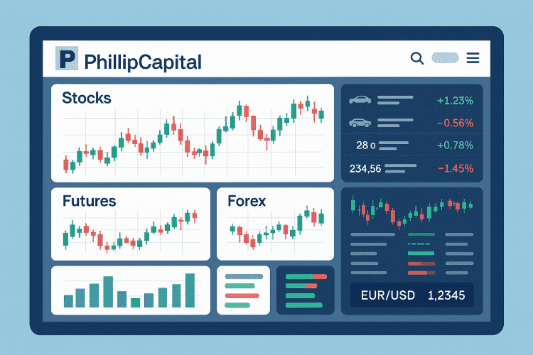 PhillipCapital trading dashboard showing stocks, futures, forex charts, and EUR/USD data, 2025