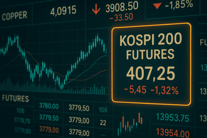 Electronic trading screen displaying KOSPI 200 futures price, market chart movements, and real-time trading data