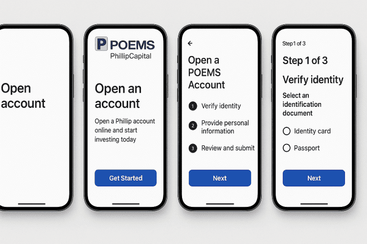 POEMS mobile app screens showing steps to open and verify a PhillipCapital trading account online