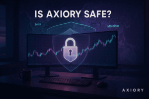 Dark-themed graphic with dual monitors, padlock icon, and Axiory safety text over Belize and Mauritius map outline