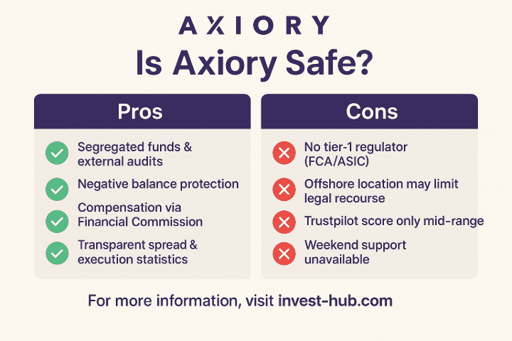 Infographic listing Axiory broker pros like compensation fund and cons such as no tier-1 license and mid Trustpilot score