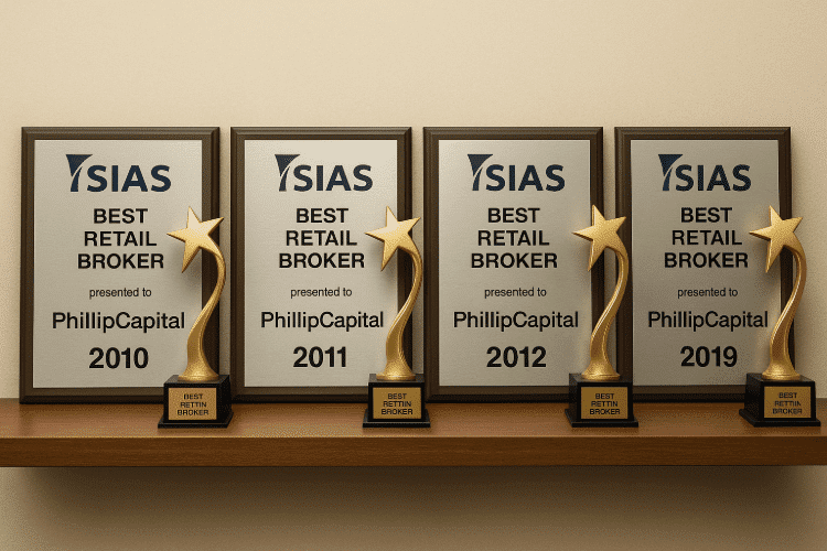 PhillipCapital Best Retail Broker awards from SIAS for 2010, 2011, 2012, and 2019 displayed on a shelf