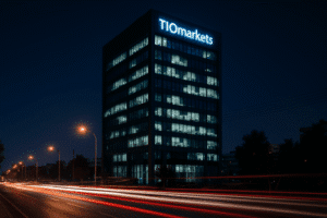 Office building with TIOMarkets logo illuminated at night, long exposure traffic lights in foreground