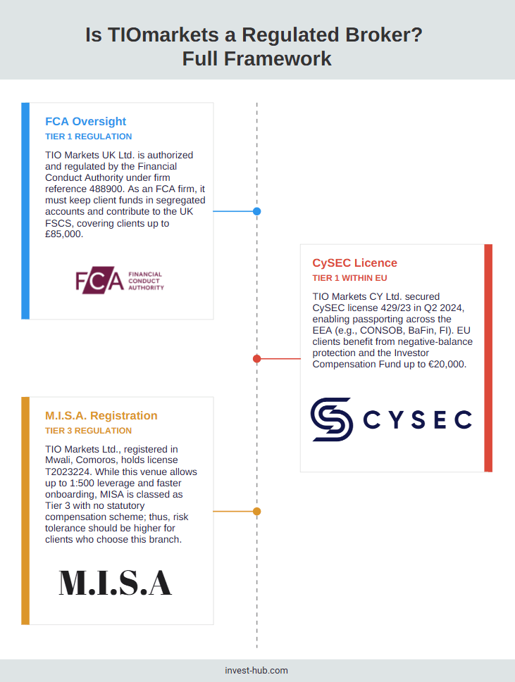 Infographic showing TIOMarkets regulation under FCA, CySEC, and MISA licenses with tiered risk and protection details