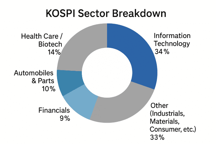 Donut chart showing KOSPI sector breakdown with Information Technology, Healthcare, Financials, Automobiles, and Other industries
