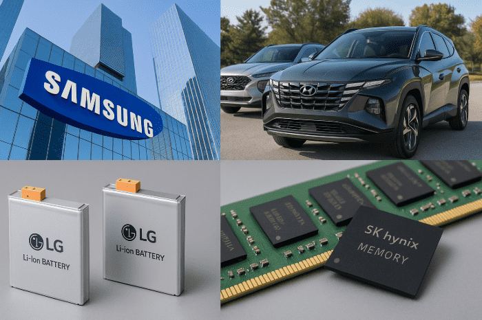 Collage of Samsung headquarters, Hyundai vehicles, LG batteries, and SK Hynix memory chips representing major KOSPI companies