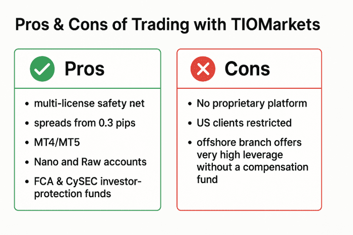Checklist showing TIOMarkets trading pros like MT4/MT5 access and cons like no proprietary platform and US restrictions