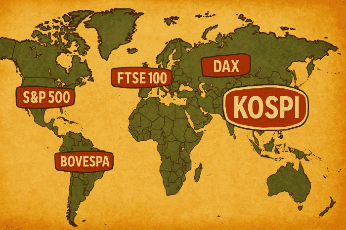 World map highlighting KOSPI, S&P 500, FTSE 100, DAX, and Bovespa stock indexes in different regions