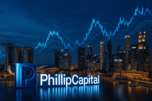 PhillipCapital logo with city skyline and stock market graph background, 2025