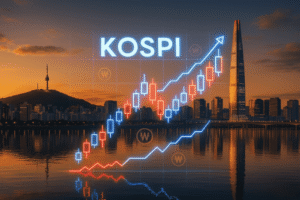 What is KOSPI index? KOSPI index chart showing rising candlestick graph with Seoul skyline and Lotte Tower at sunset