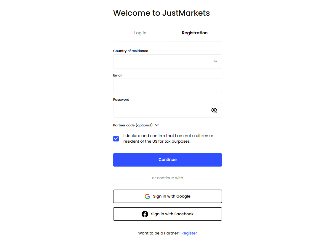 justmarkets singup