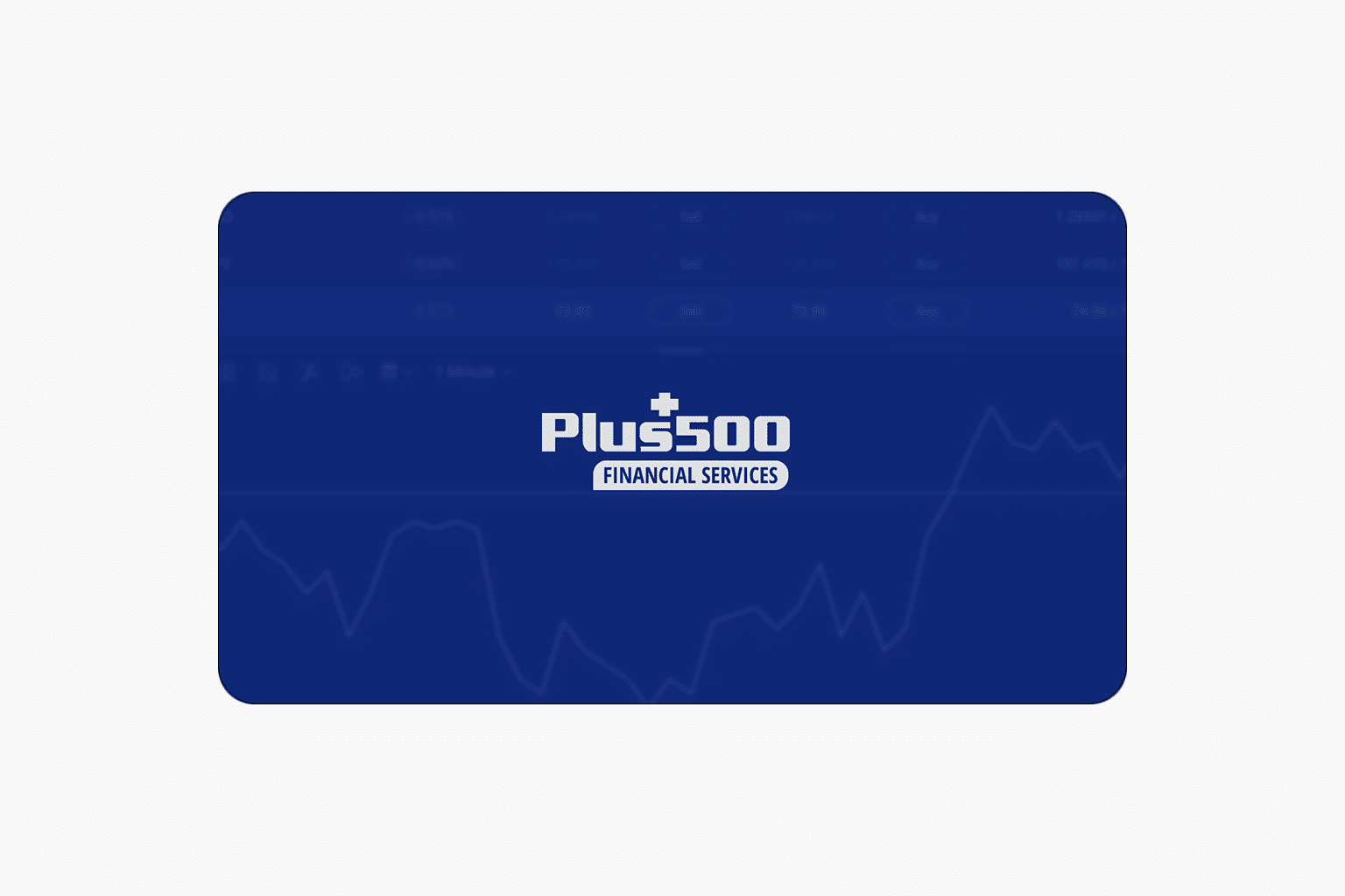 Plus500 logo on a dark blue background with financial data
