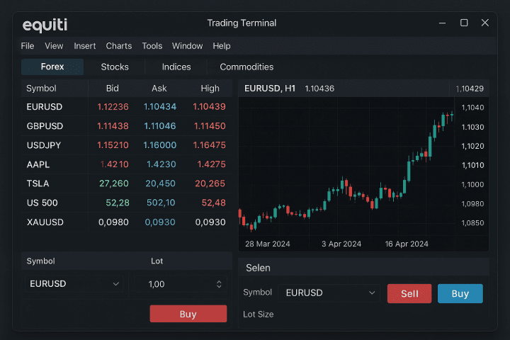 Screenshot of Equiti trading terminal showing forex and stock tickers, price quotes, and EURUSD candlestick chart