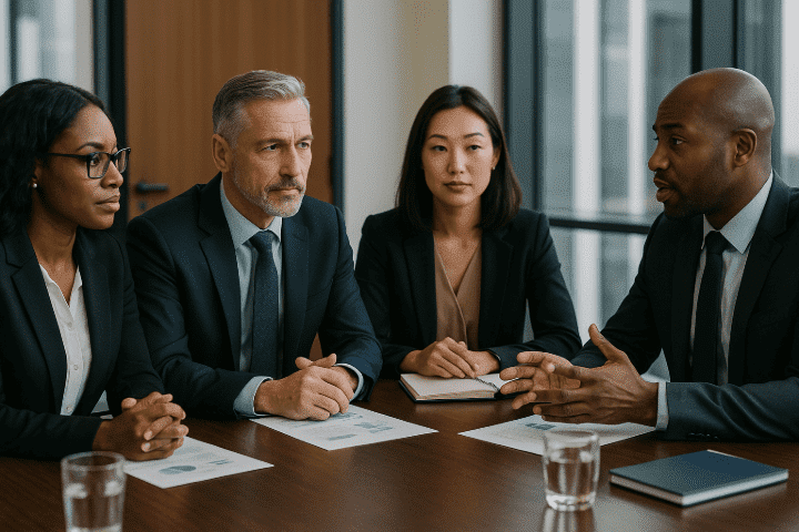 Four executive professionals in formal business attire discussing governance at boardroom table with printed documents