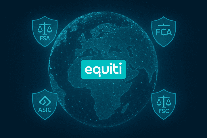 Digital globe with Equiti logo centered, surrounded by regulation badges for FCA, FSA, FSC, and ASIC
