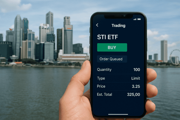 Hand holding phone showing STI ETF order screen with buy confirmation and Singapore skyline in background