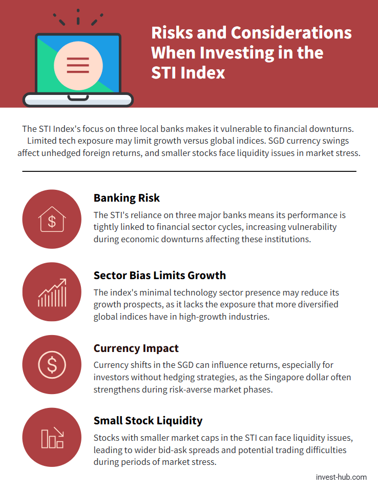 Infographic outlining STI Index risks including banking concentration, tech sector gaps, SGD currency impact, and small-cap liquidity