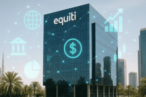 Equiti office tower with digital finance icons overlay including dollar sign, charts, and connectivity symbols