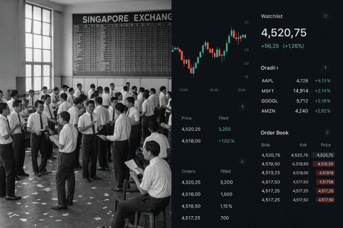 Split-screen showing historic Singapore Exchange floor on left and modern digital trading interface with candlestick chart on right