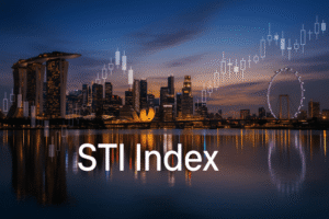 Singapore skyline at dusk with digital candlestick charts and STI Index text overlay