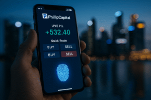 Hand holding smartphone with biometric fingerprint showcasing the Phillip Capital Mobile App