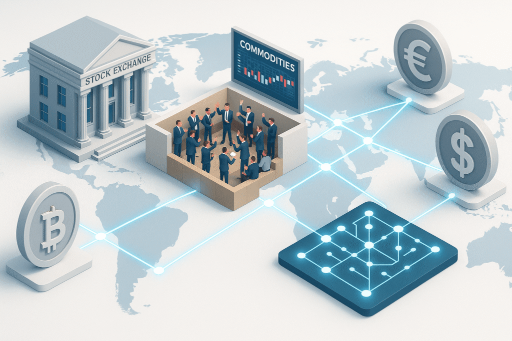 illustrated image of the freeway between the stock exchange, commodities, traders and currencies
