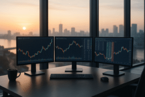 PC screens on a desk overlooking city view with Phillip Captial Trading Platform on the screeens