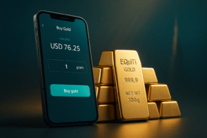 cellphone showing the Equiti Gold App and gold bars to the right side of it