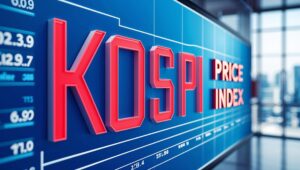 Banner showing a logo of the KOSPI Price Index that is in Red