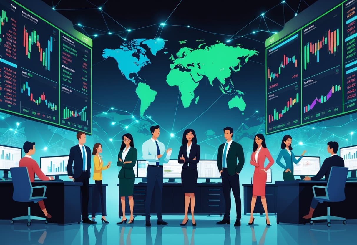 A group of business professionals analyzing financial charts on large digital screens in a modern office with a world map in the background.