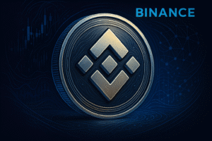 Binance logo on a dark background with graph patterns