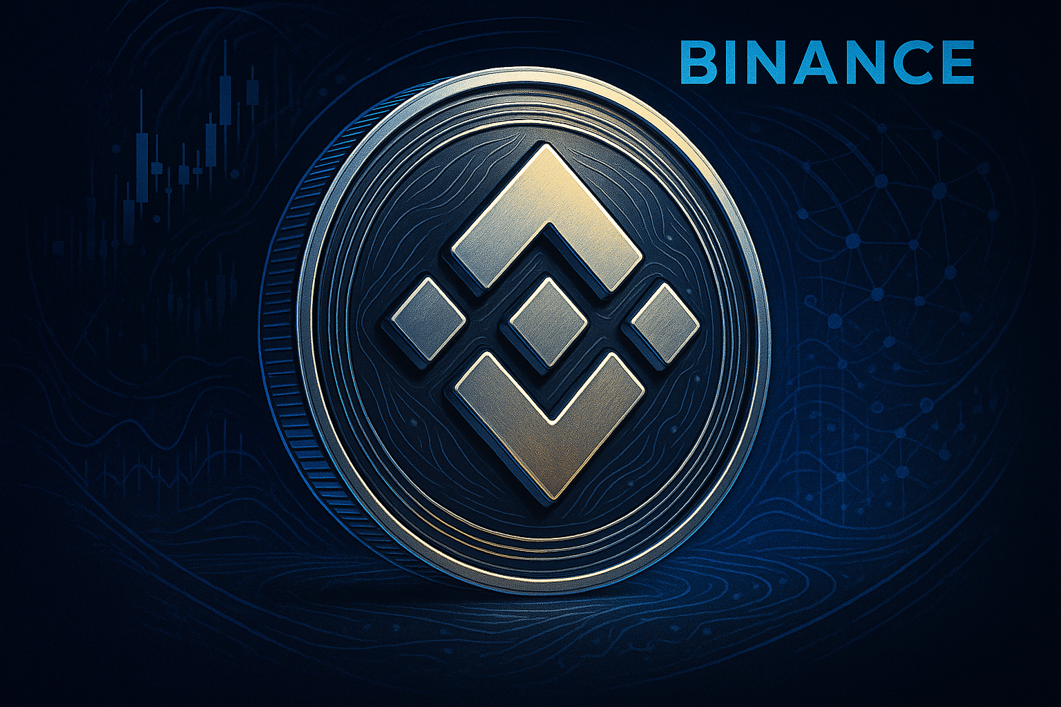 Binance logo on a dark background with graph patterns