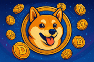 DOGECOINS with panting DOGE husky in the center