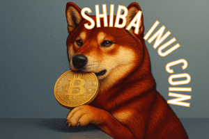 A Shiba Inu holding a gold Bitcoin with text overlay.