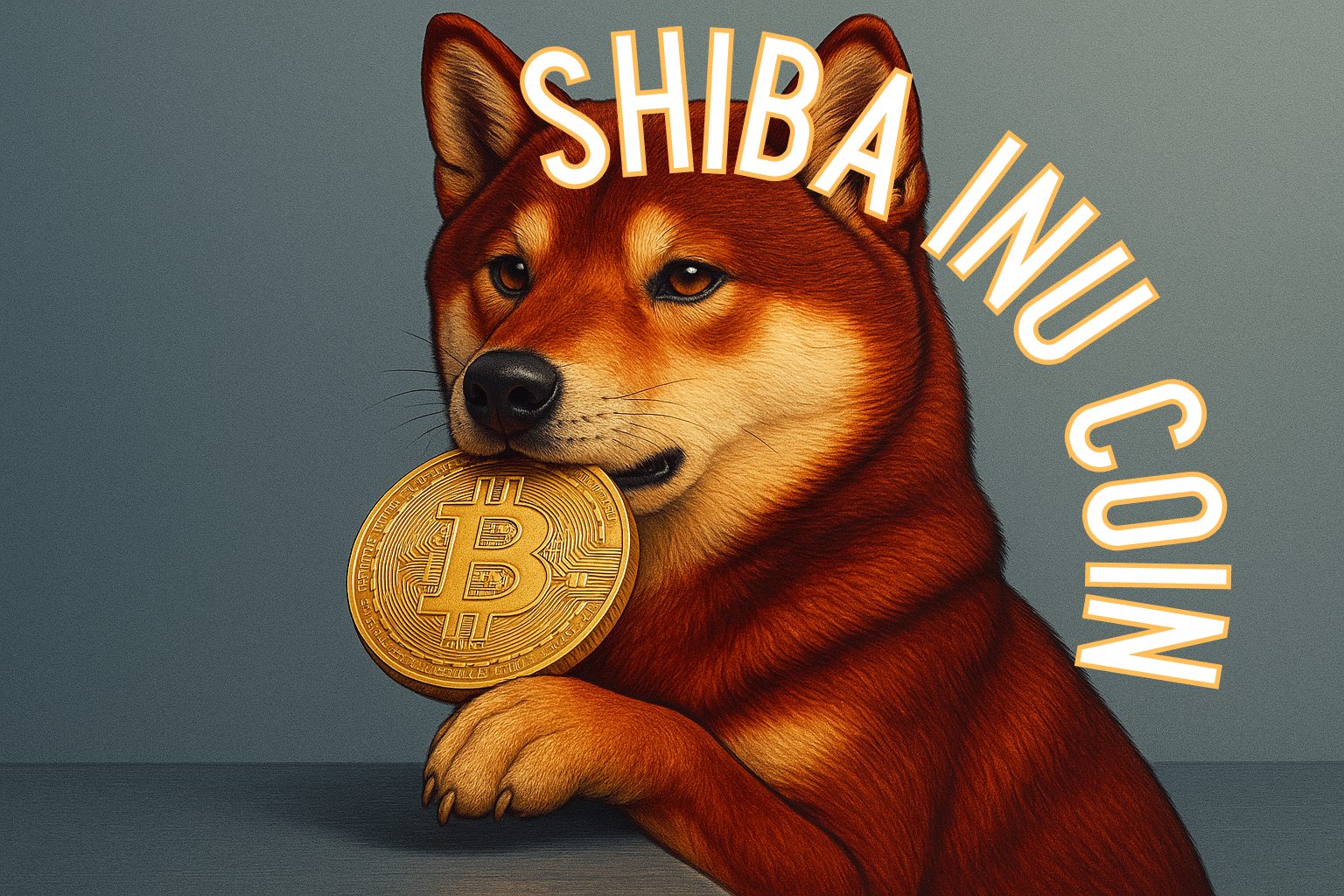 A Shiba Inu holding a gold Bitcoin with text overlay.