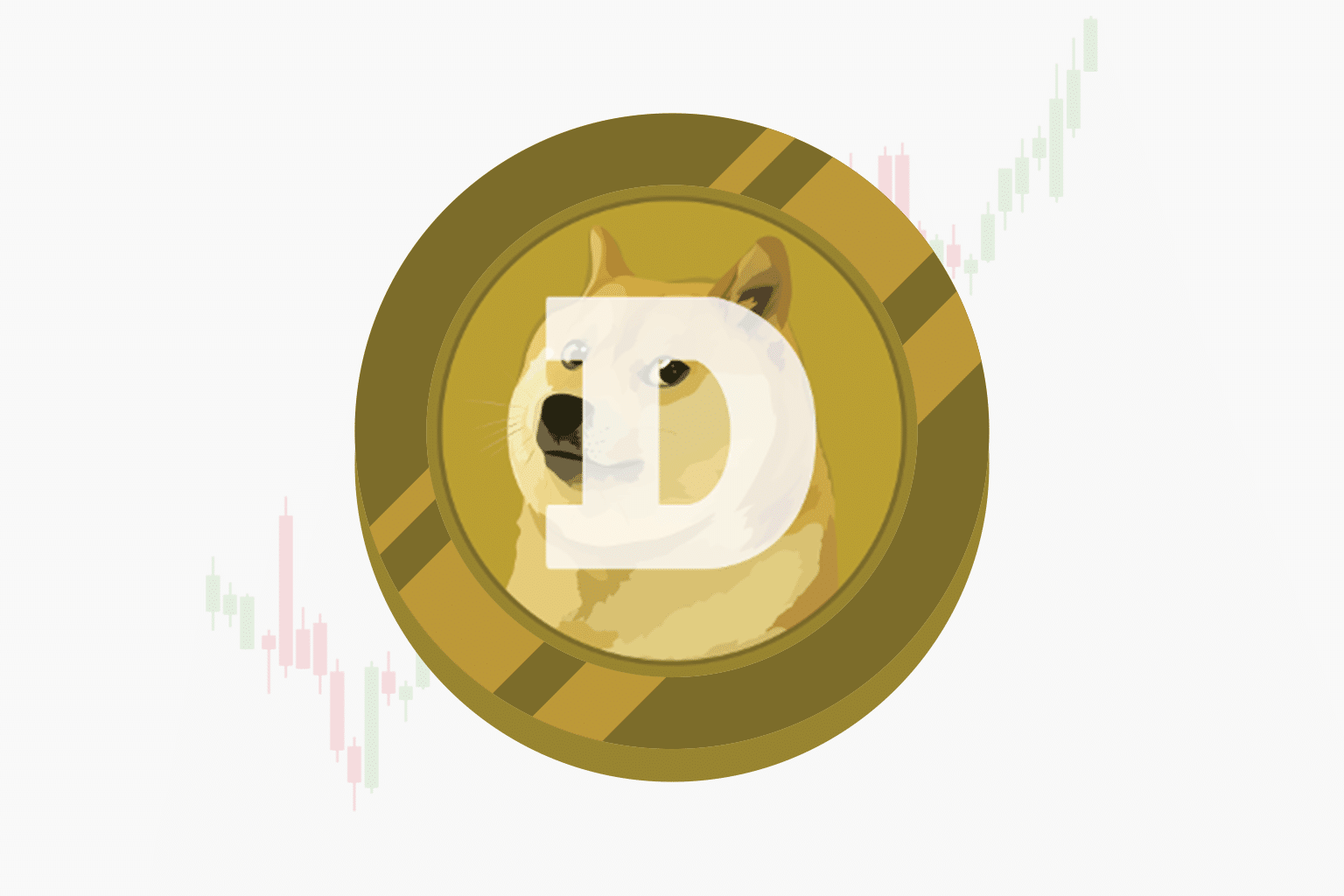 Dogecoin logo featuring a Shiba Inu and price chart background