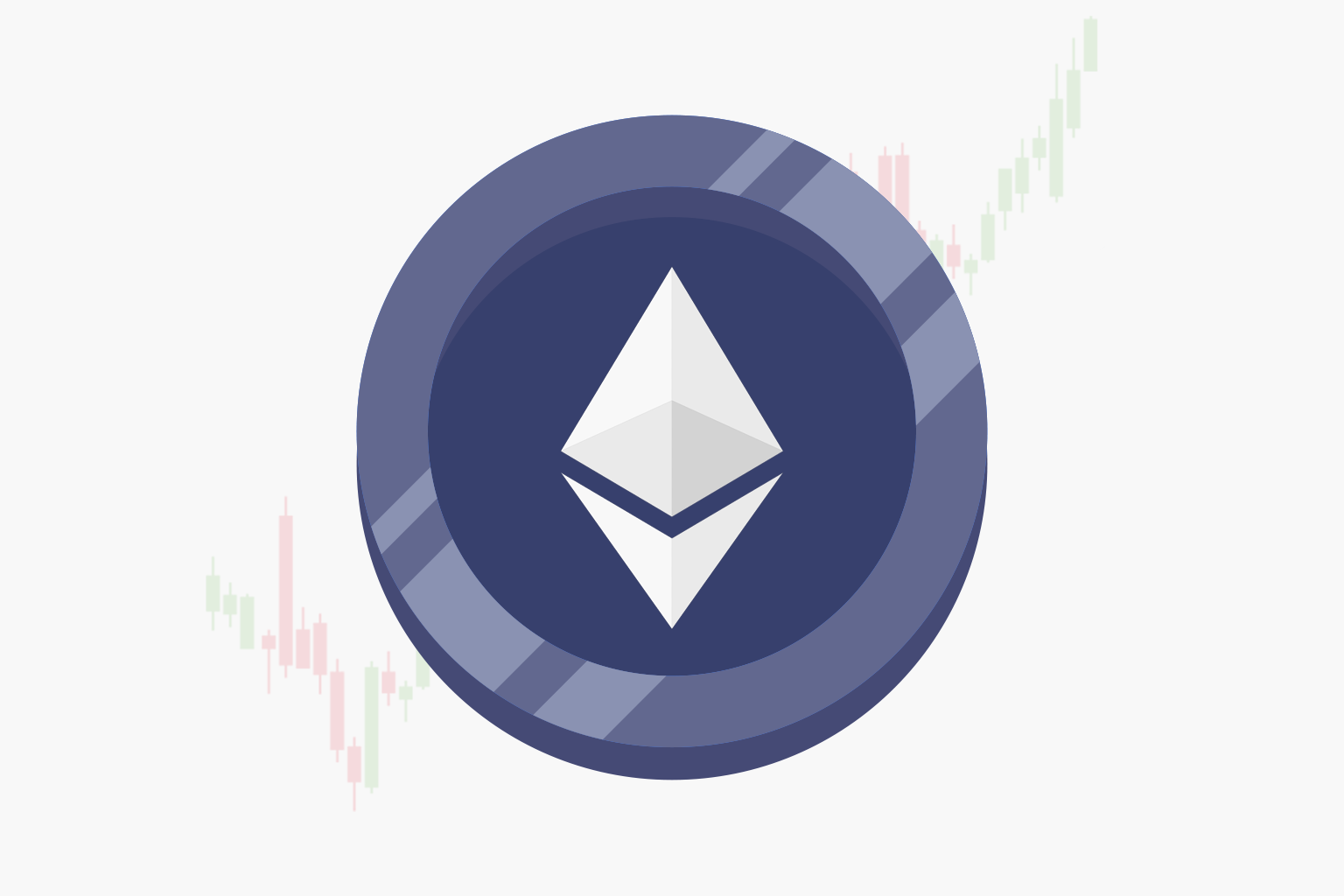 Ethereum (ETH) logo on a digital trading chart with real-time price data and candlesticks showing volatility