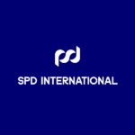 Logo of SPD International on a blue background