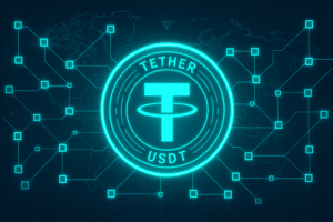 Tether USDT logo with connected digital network background