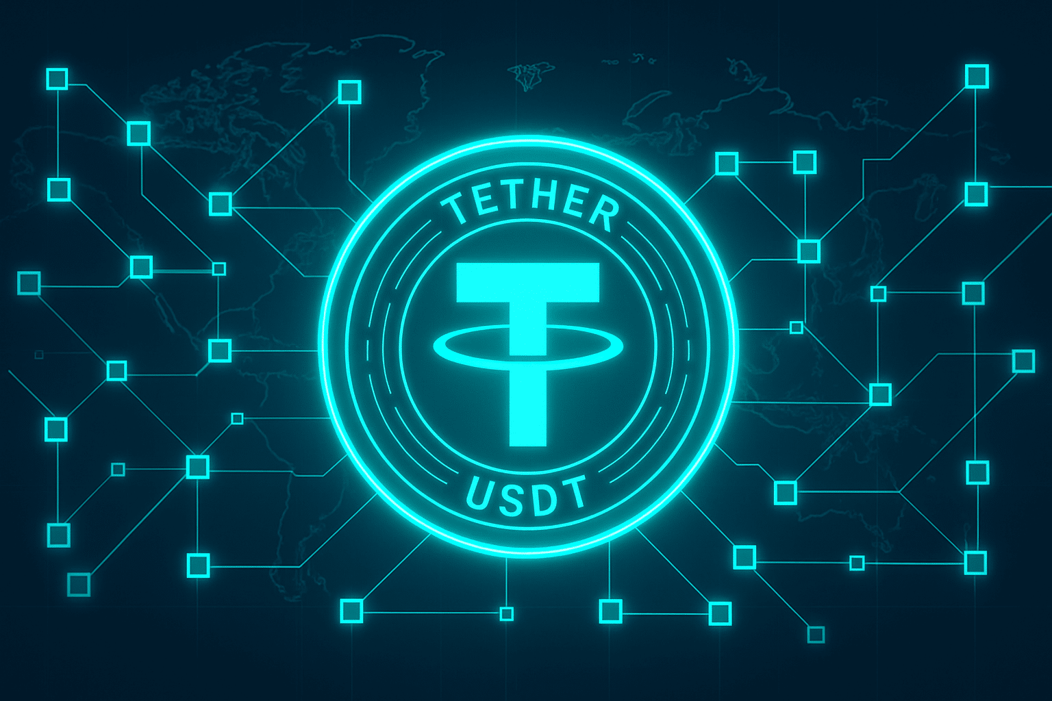 Tether USDT logo with connected digital network background
