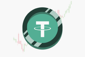 USDT (Tether) stablecoin logo on a digital trading chart, emphasizing its .00 peg and its status as the largest stablecoin by market capitalization and trading volume in the cryptocurrency market