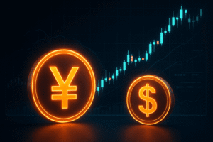 USDT, dollar, and yen coins with a rising graph background